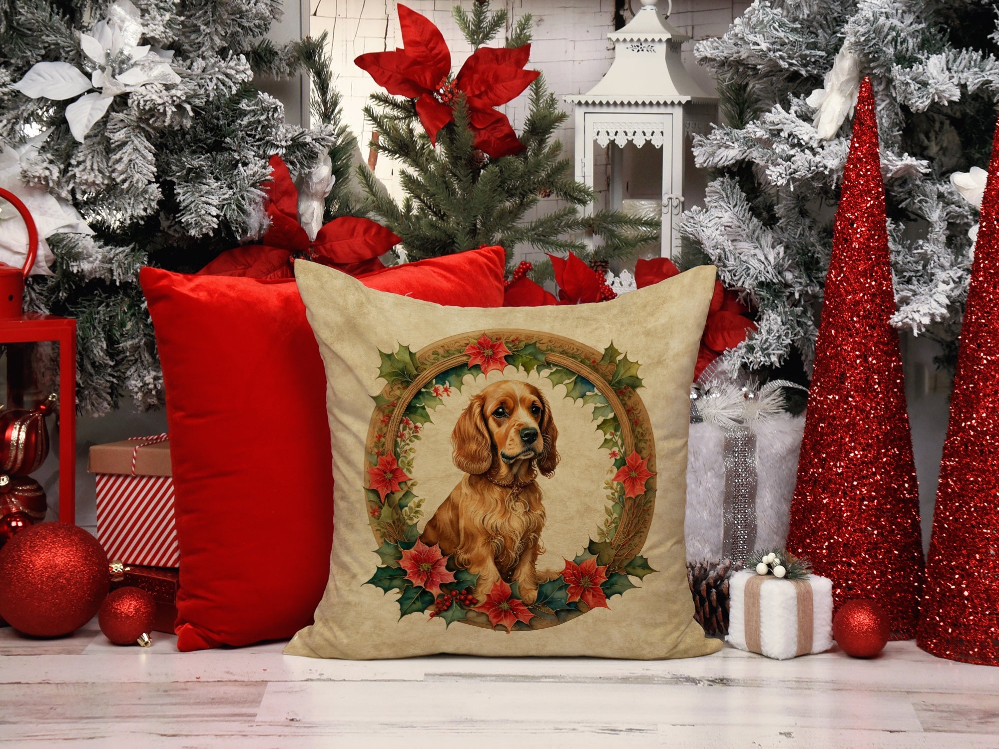 Cocker Spaniel Christmas Flowers Decorative Throw Pillow 18x18 Indoor Outdoor Accent Cushion, Fabric Cover with Insert for Sofa, Bed, Porch & Living Room