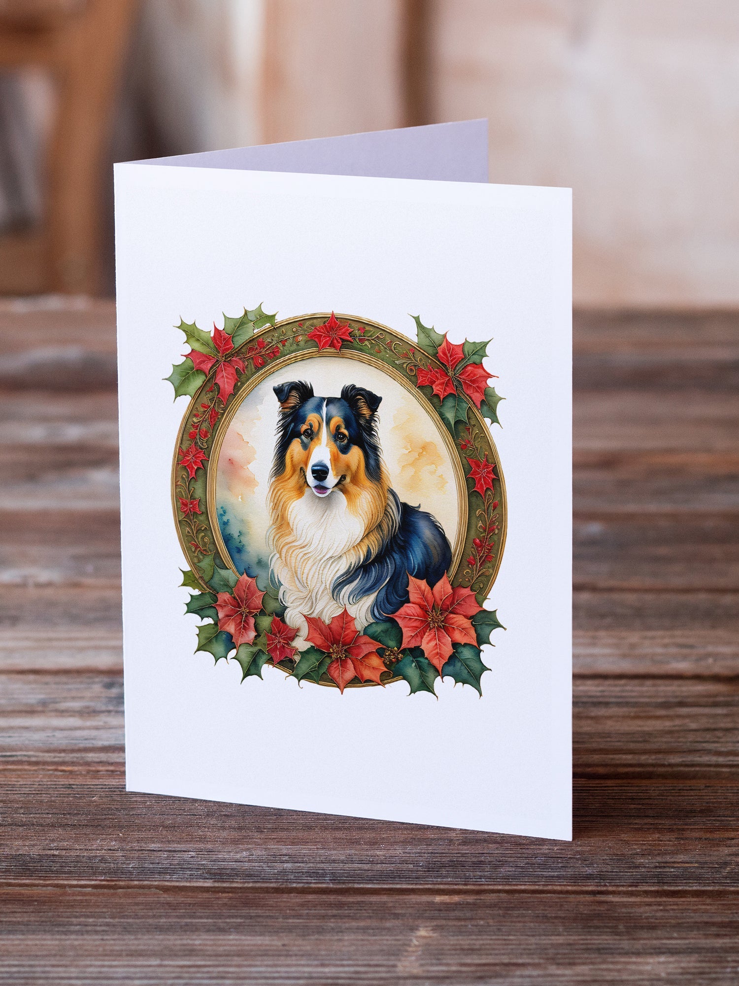 Collie Christmas Flowers Greeting Cards Pack of 8 Blank Cards with Envelopes Whimsical A7 Size 5x7
