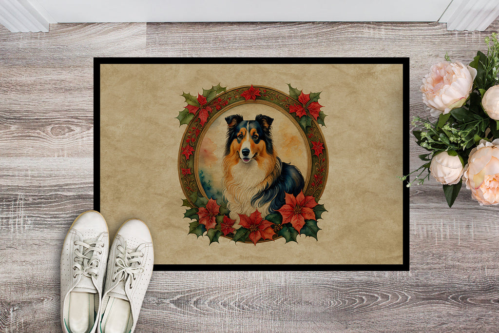 Collie Christmas Flowers Doormat Indoor Outdoor 24H X 36W Front Door Mat Rugs for Entryway, Non Slip Washable Low Pile,