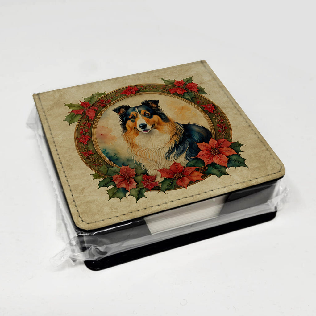 Collie Christmas Flowers PU Leather Note Paper Holder with Artist-Designed Cover, Desk Accessory, Office Gift