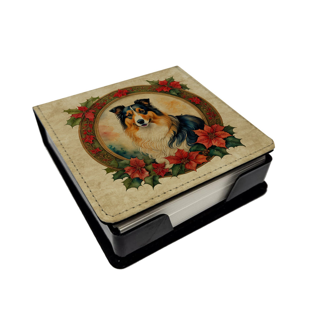 Collie Christmas Flowers PU Leather Note Paper Holder with Artist-Designed Cover, Desk Accessory, Office Gift