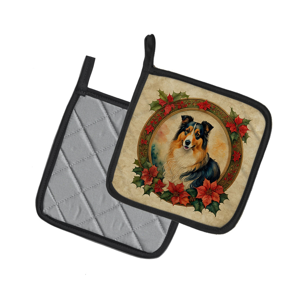 Collie Christmas Flowers Pot Holder Set of 2 Heat Resistant Quilted Hot Pads 7.5 x 7.5 Inch, Insulated Kitchen Trivets for Cooking & Baking