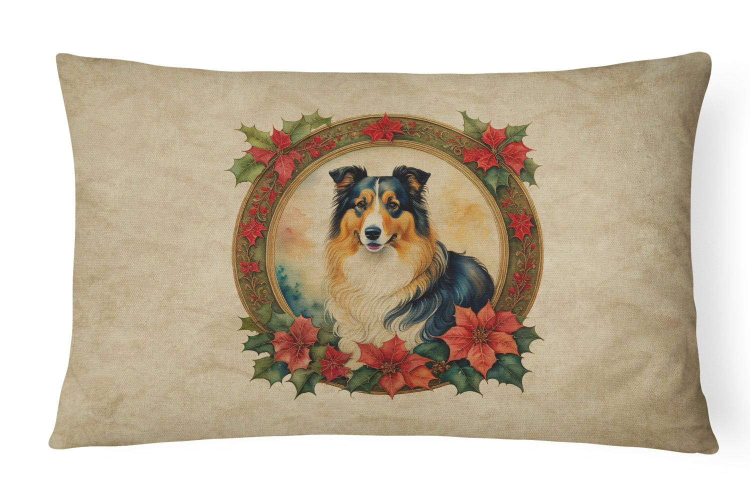 Collie Christmas Flowers Decorative Throw Pillow 12x16 Indoor Outdoor Accent Cushion, Fabric Cover with Insert for Sofa, Bed, Porch & Living Room
