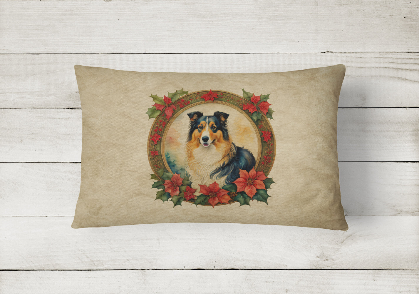 Collie Christmas Flowers Decorative Throw Pillow 12x16 Indoor Outdoor Accent Cushion, Fabric Cover with Insert for Sofa, Bed, Porch & Living Room