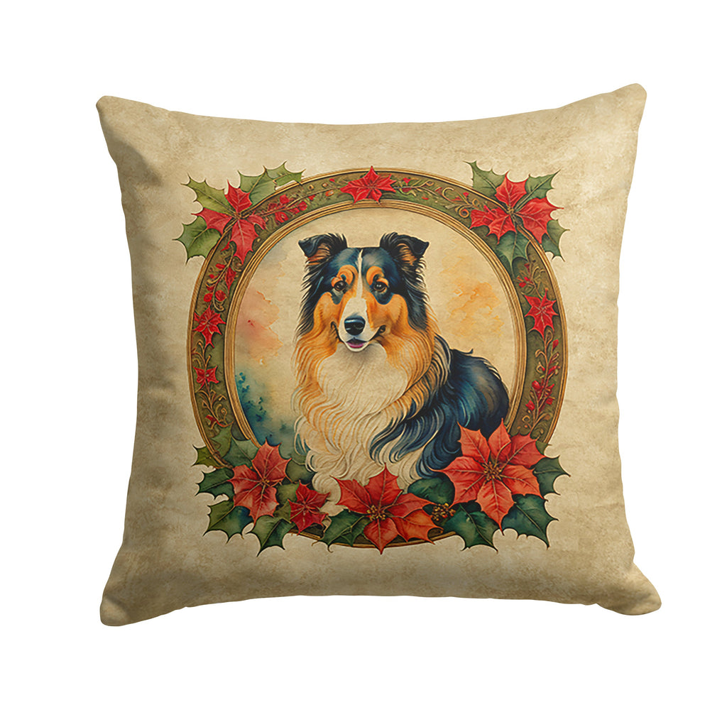 Collie Christmas Flowers Decorative Throw Pillow 14x14 Indoor Outdoor Accent Cushion, Fabric Cover with Insert for Sofa, Bed, Porch & Living Room