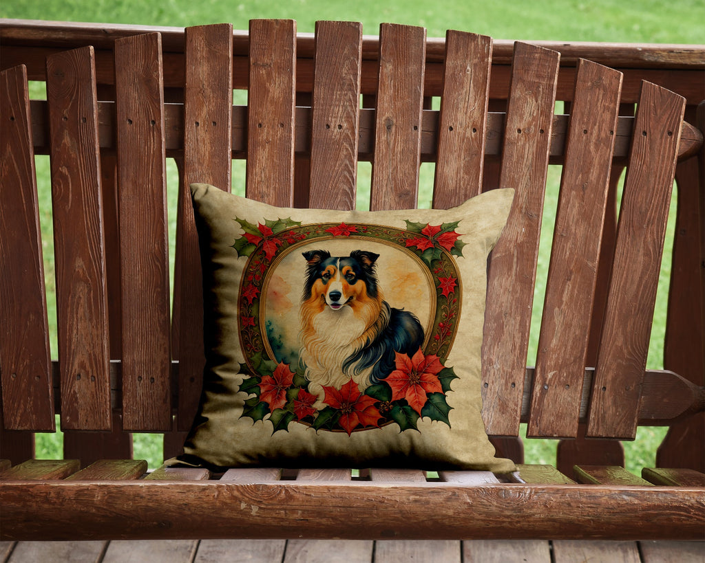 Collie Christmas Flowers Decorative Throw Pillow 14x14 Indoor Outdoor Accent Cushion, Fabric Cover with Insert for Sofa, Bed, Porch & Living Room