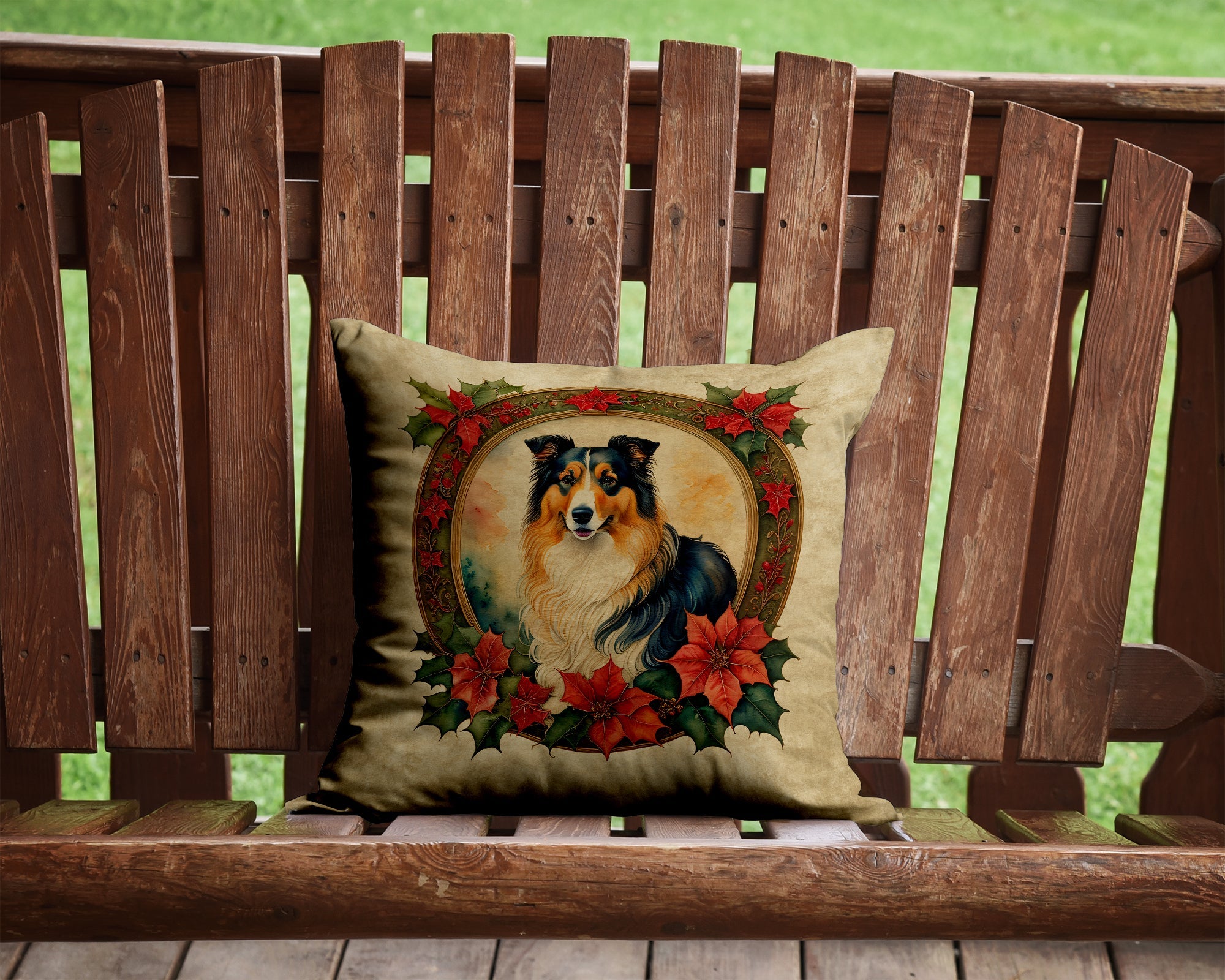 Collie Christmas Flowers Decorative Throw Pillow 14x14 Indoor Outdoor Accent Cushion, Fabric Cover with Insert for Sofa, Bed, Porch & Living Room