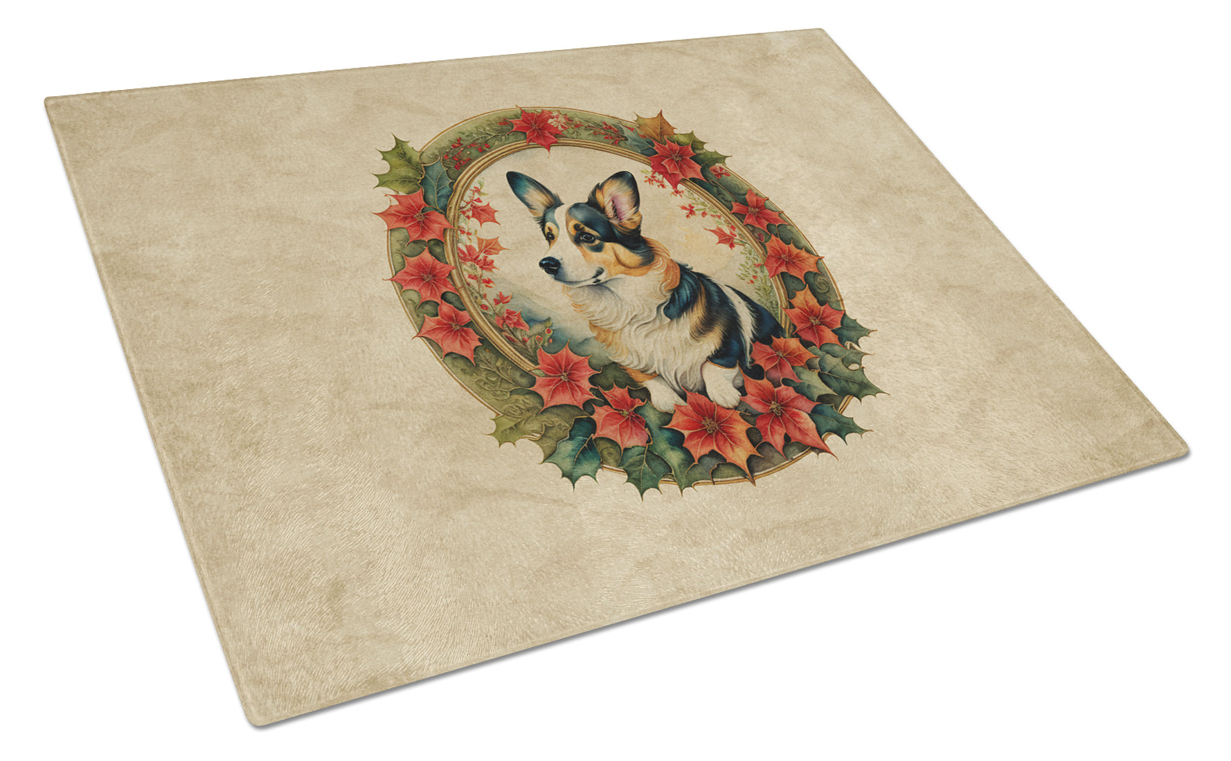Corgi Christmas Flowers Cutting Board Tempered Glass Kitchen Cutting Surface, Heat Resistant Chopping, Non-Slip Feet, Food Prep & Serving