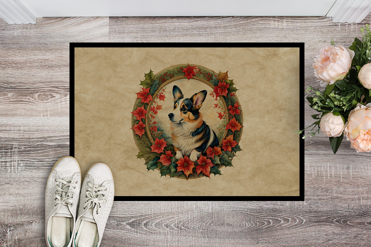 Corgi Christmas Flowers Doormat Indoor Outdoor 18H X 27W Front Door Mat Rugs for Entryway, Non Slip Washable