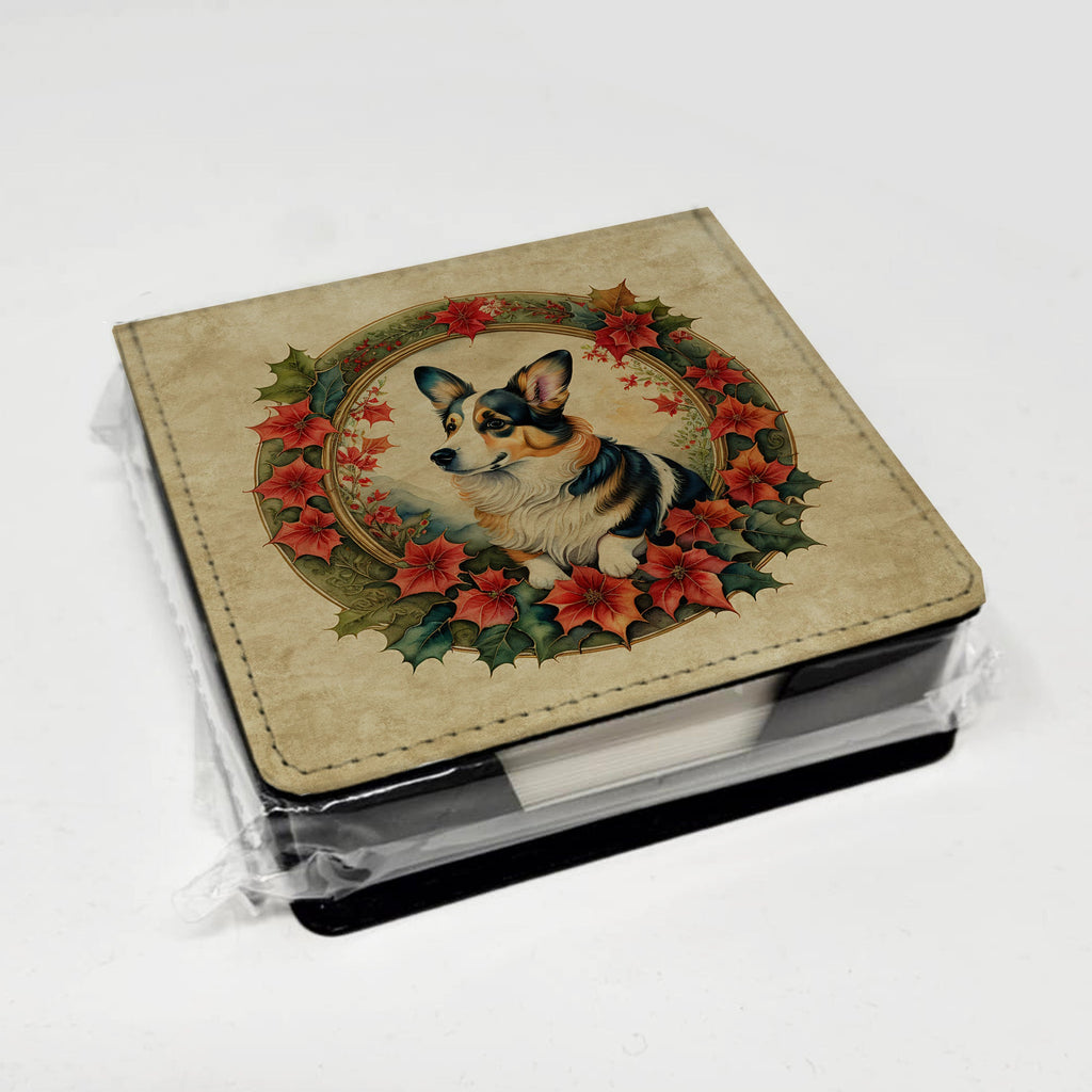 Corgi Christmas Flowers PU Leather Note Paper Holder with Artist-Designed Cover, Desk Accessory, Office Gift