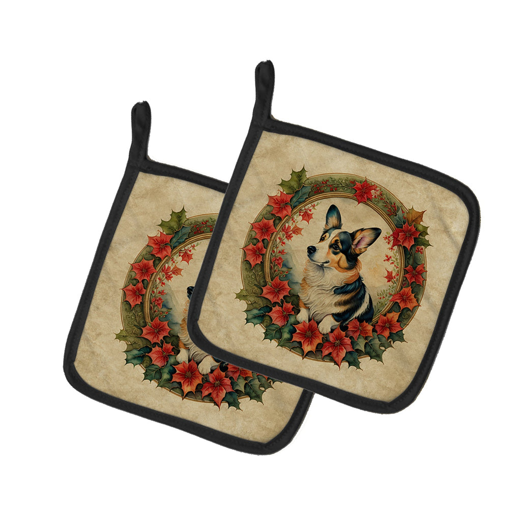 Corgi Christmas Flowers Pot Holder Set of 2 Heat Resistant Quilted Hot Pads 7.5 x 7.5 Inch, Insulated Kitchen Trivets for Cooking & Baking