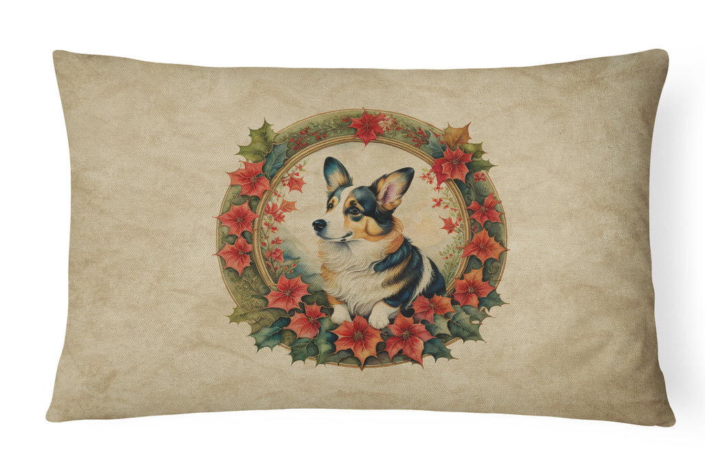 Corgi Christmas Flowers Decorative Throw Pillow 12x16 Indoor Outdoor Accent Cushion, Fabric Cover with Insert for Sofa, Bed, Porch & Living Room