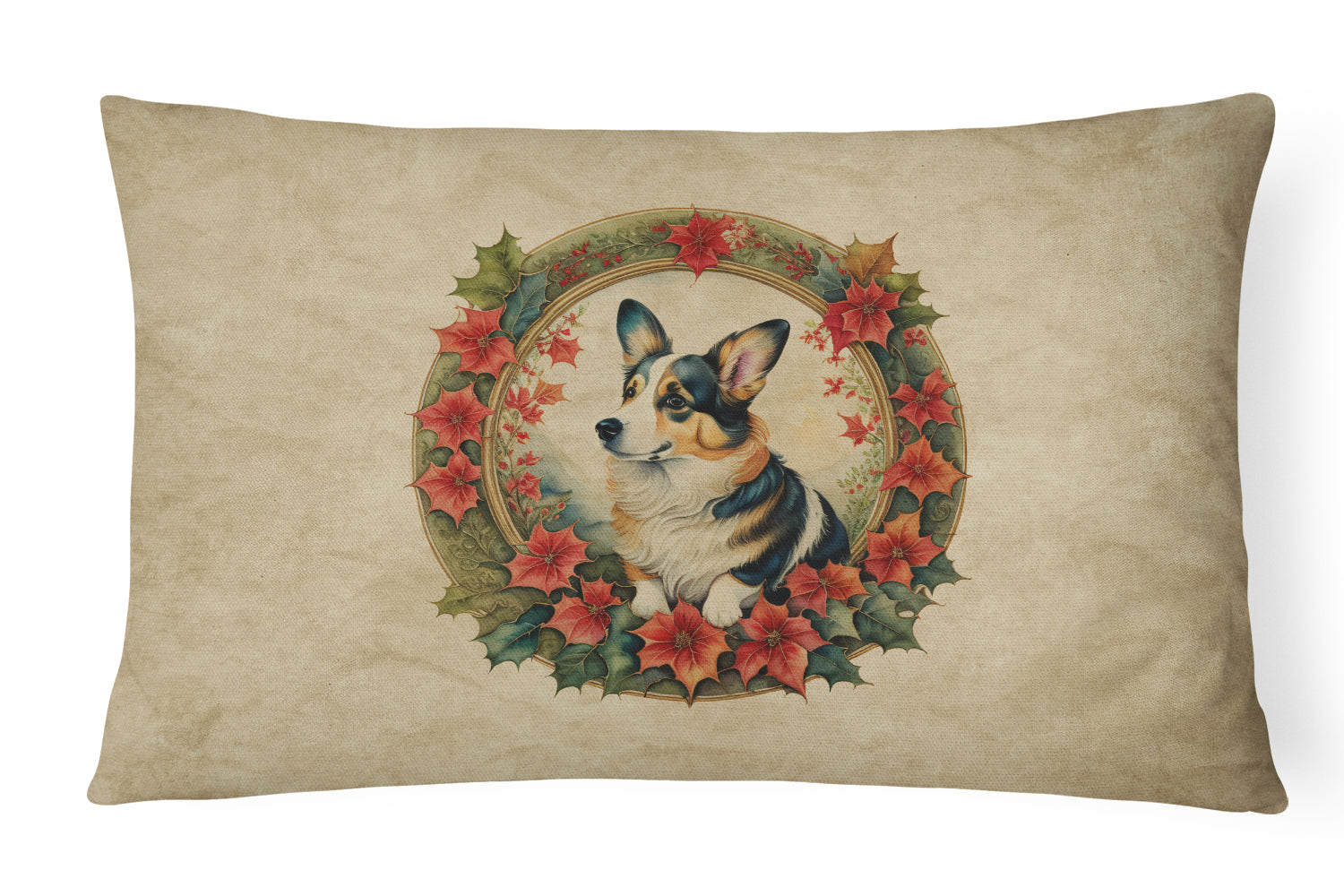 Corgi Christmas Flowers Decorative Throw Pillow 12x16 Indoor Outdoor Accent Cushion, Fabric Cover with Insert for Sofa, Bed, Porch & Living Room