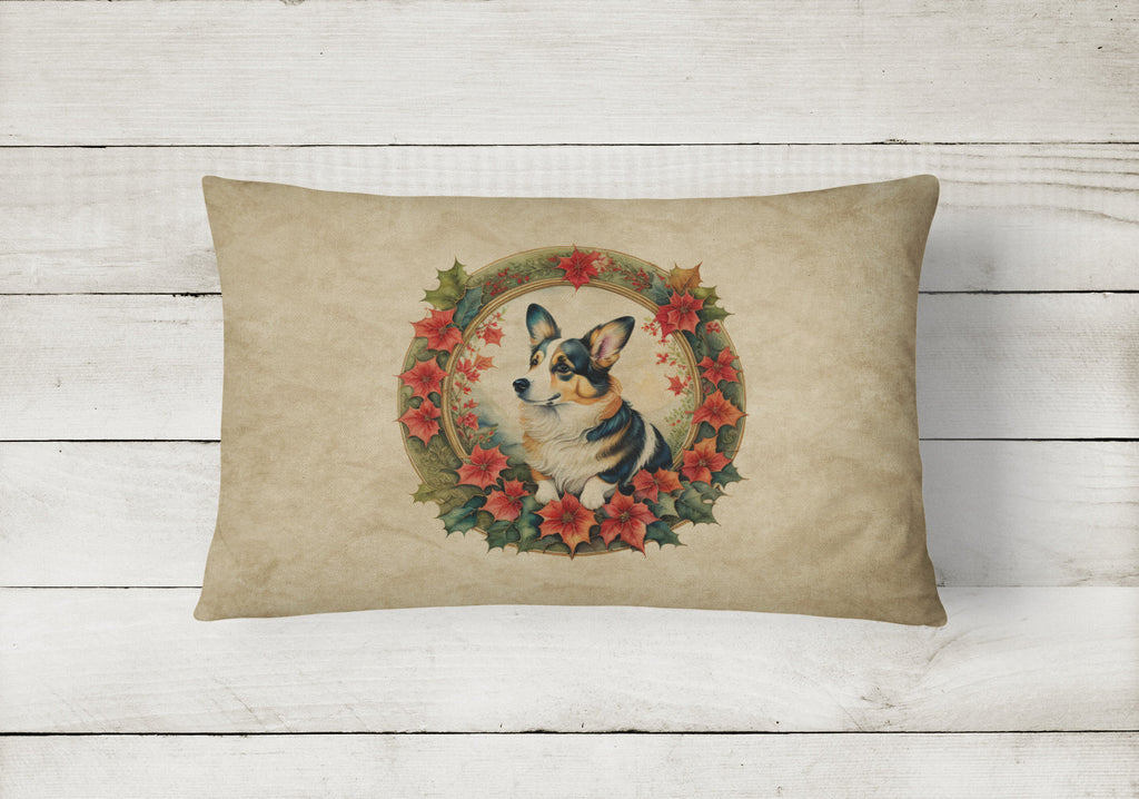 Corgi Christmas Flowers Decorative Throw Pillow 12x16 Indoor Outdoor Accent Cushion, Fabric Cover with Insert for Sofa, Bed, Porch & Living Room