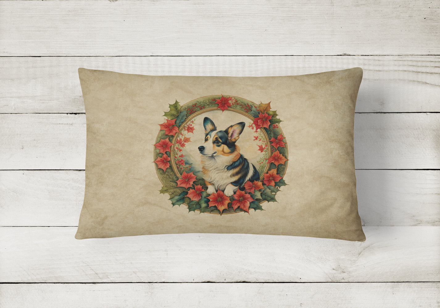 Corgi Christmas Flowers Decorative Throw Pillow 12x16 Indoor Outdoor Accent Cushion, Fabric Cover with Insert for Sofa, Bed, Porch & Living Room