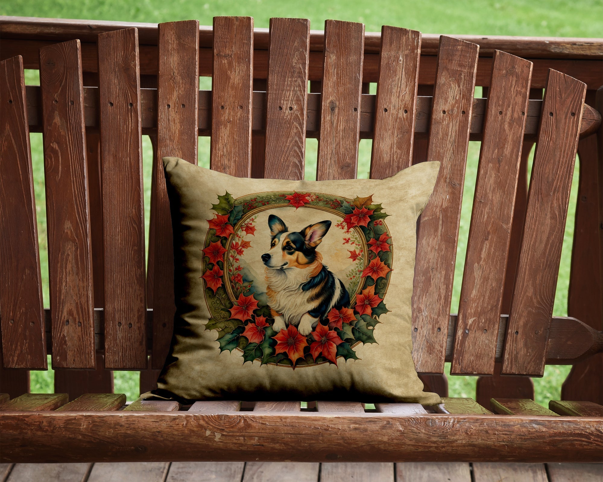 Corgi Christmas Flowers Decorative Throw Pillow 14x14 Indoor Outdoor Accent Cushion, Fabric Cover with Insert for Sofa, Bed, Porch & Living Room