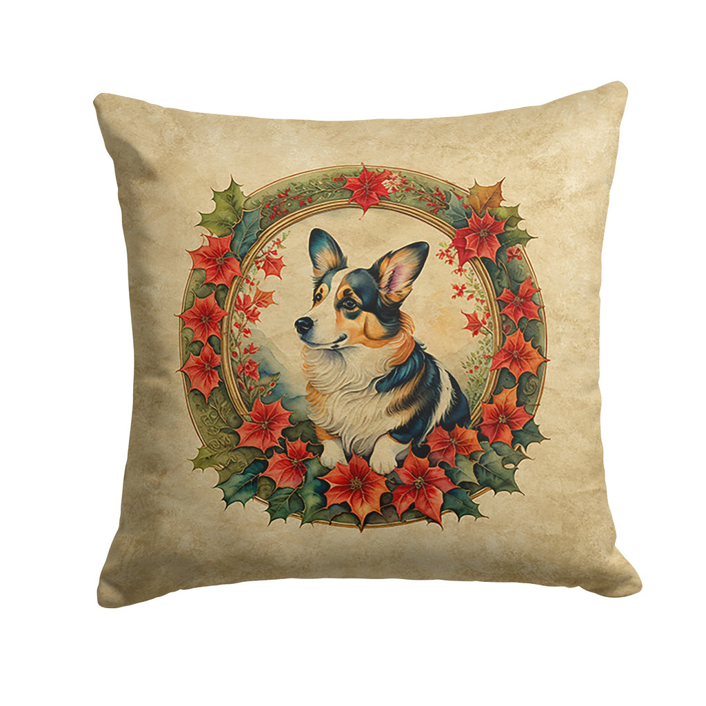 Corgi Christmas Flowers Decorative Throw Pillow 18x18 Indoor Outdoor Accent Cushion, Fabric Cover with Insert for Sofa, Bed, Porch & Living Room