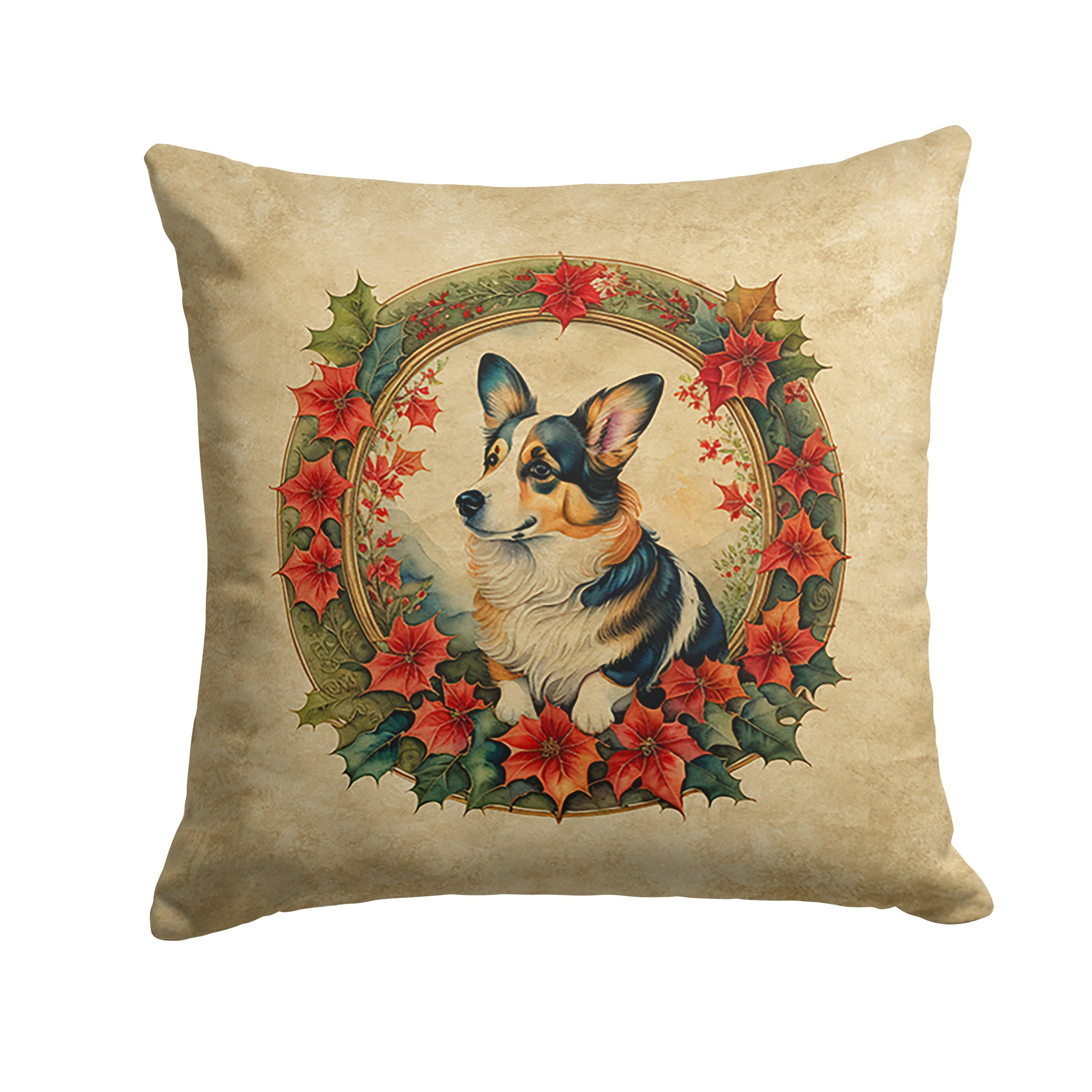 Corgi Christmas Flowers Decorative Throw Pillow 18x18 Indoor Outdoor Accent Cushion, Fabric Cover with Insert for Sofa, Bed, Porch & Living Room