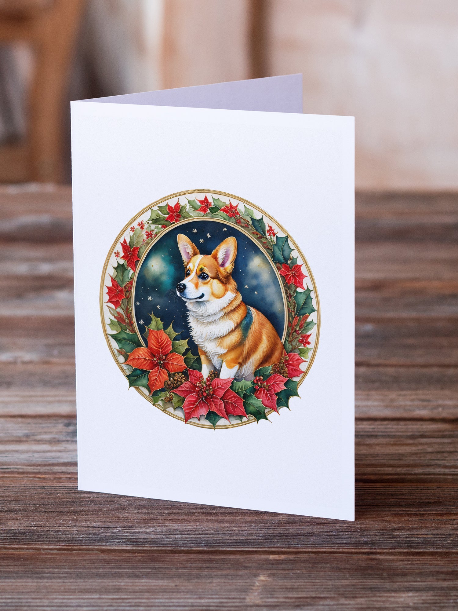 Corgi Christmas Flowers Greeting Cards Pack of 8 Blank Cards with Envelopes Whimsical A7 Size 5x7
