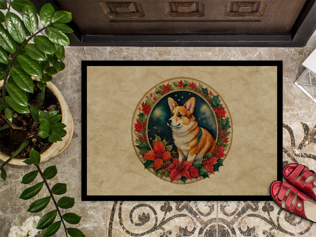 Corgi Christmas Flowers Doormat Indoor Outdoor 24H X 36W Front Door Mat Rugs for Entryway, Non Slip Washable Low Pile,