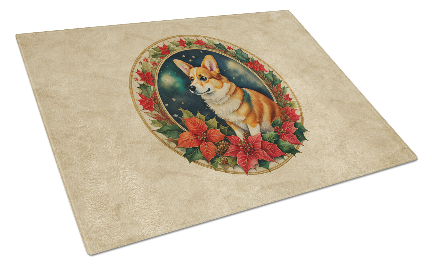 Corgi Christmas Flowers Cutting Board Tempered Glass Kitchen Cutting Surface, Heat Resistant Chopping, Non-Slip Feet, Food Prep & Serving