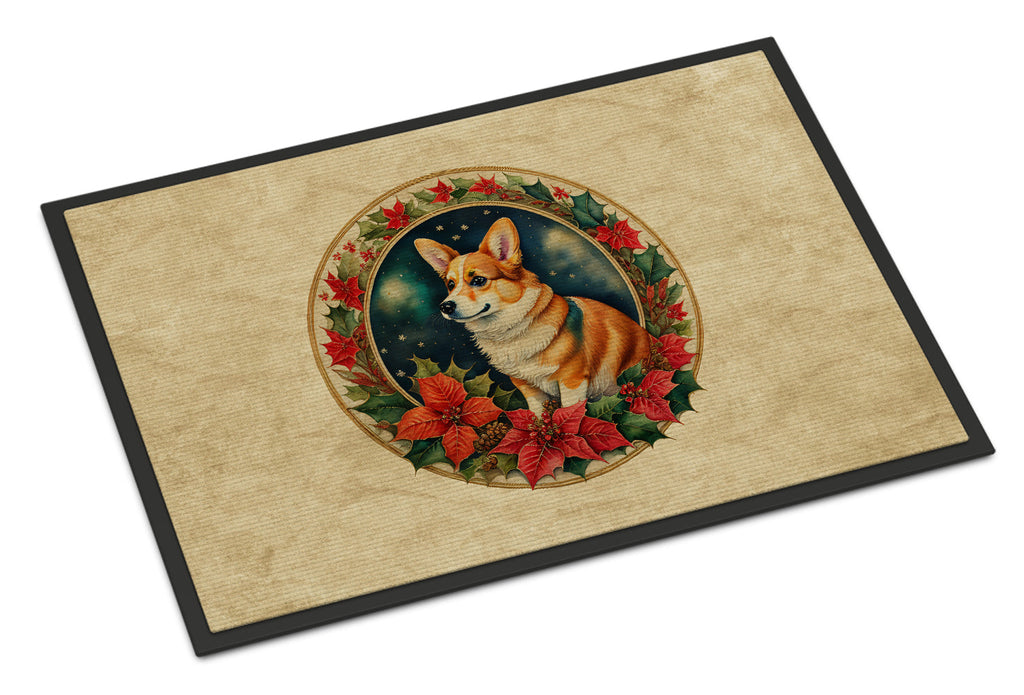 Corgi Christmas Flowers Doormat Indoor Outdoor 18H X 27W Front Door Mat Rugs for Entryway, Non Slip Washable
