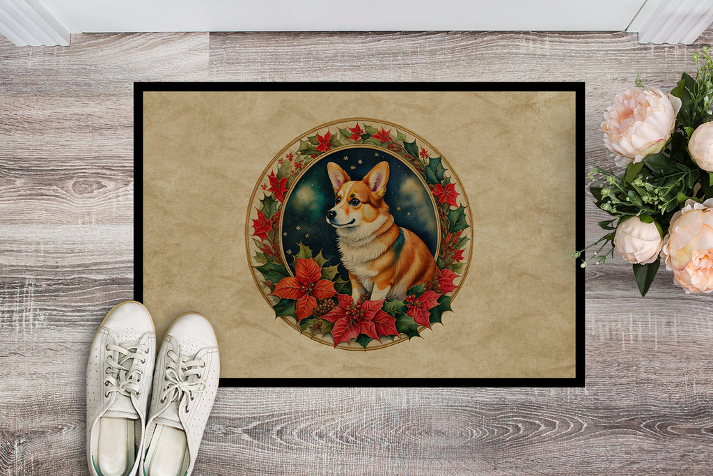 Corgi Christmas Flowers Doormat Indoor Outdoor 18H X 27W Front Door Mat Rugs for Entryway, Non Slip Washable