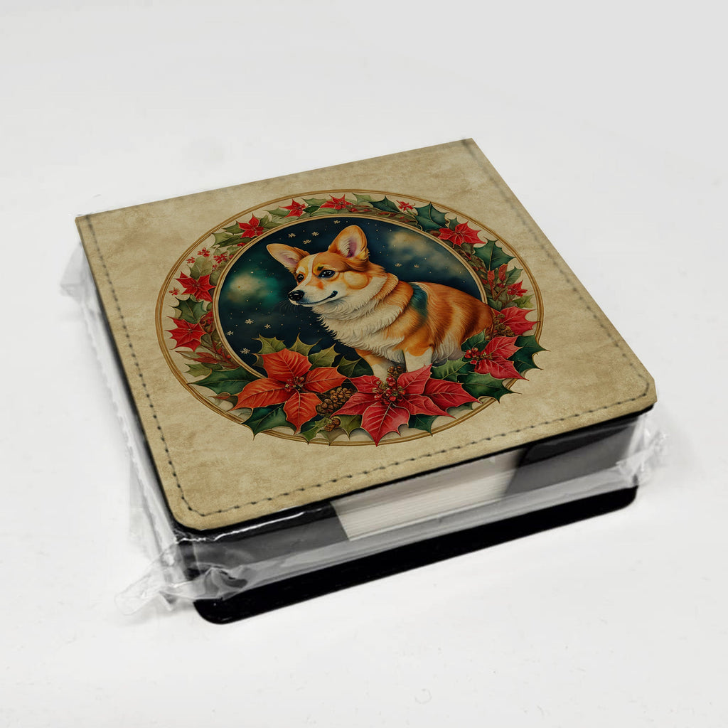 Corgi Christmas Flowers PU Leather Note Paper Holder with Artist-Designed Cover, Desk Accessory, Office Gift