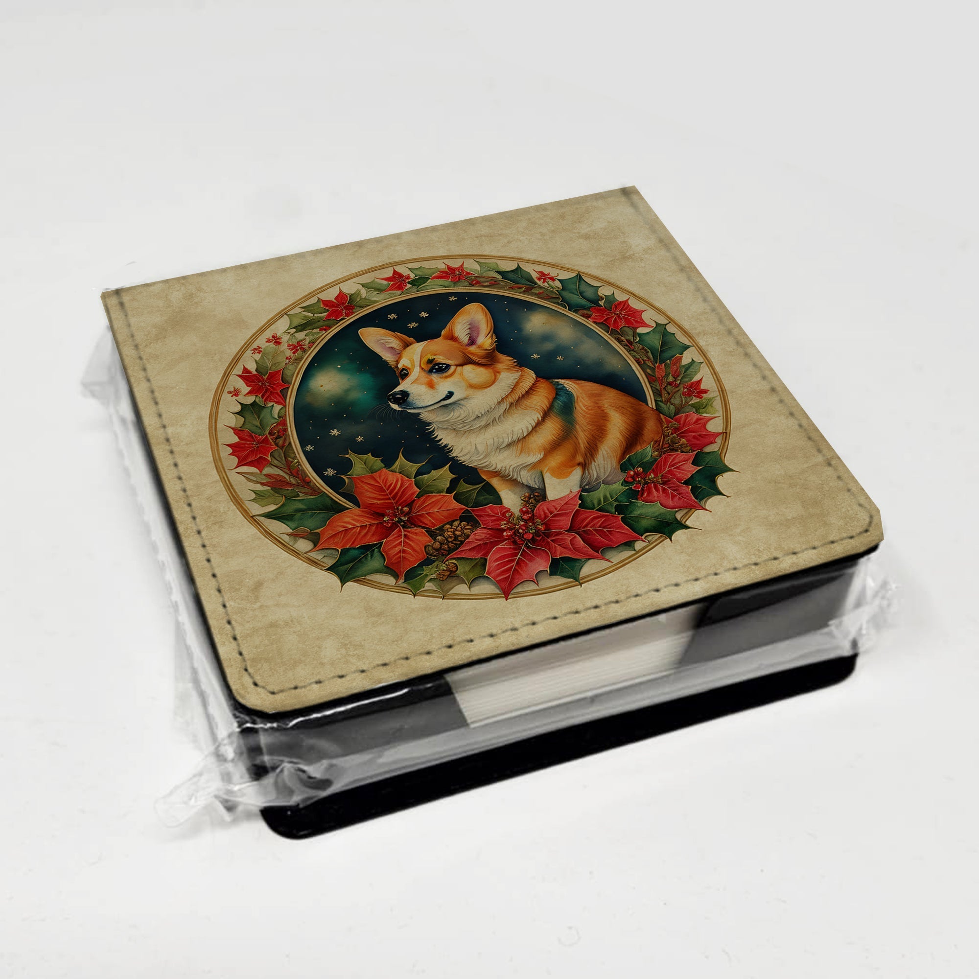 Corgi Christmas Flowers PU Leather Note Paper Holder with Artist-Designed Cover, Desk Accessory, Office Gift