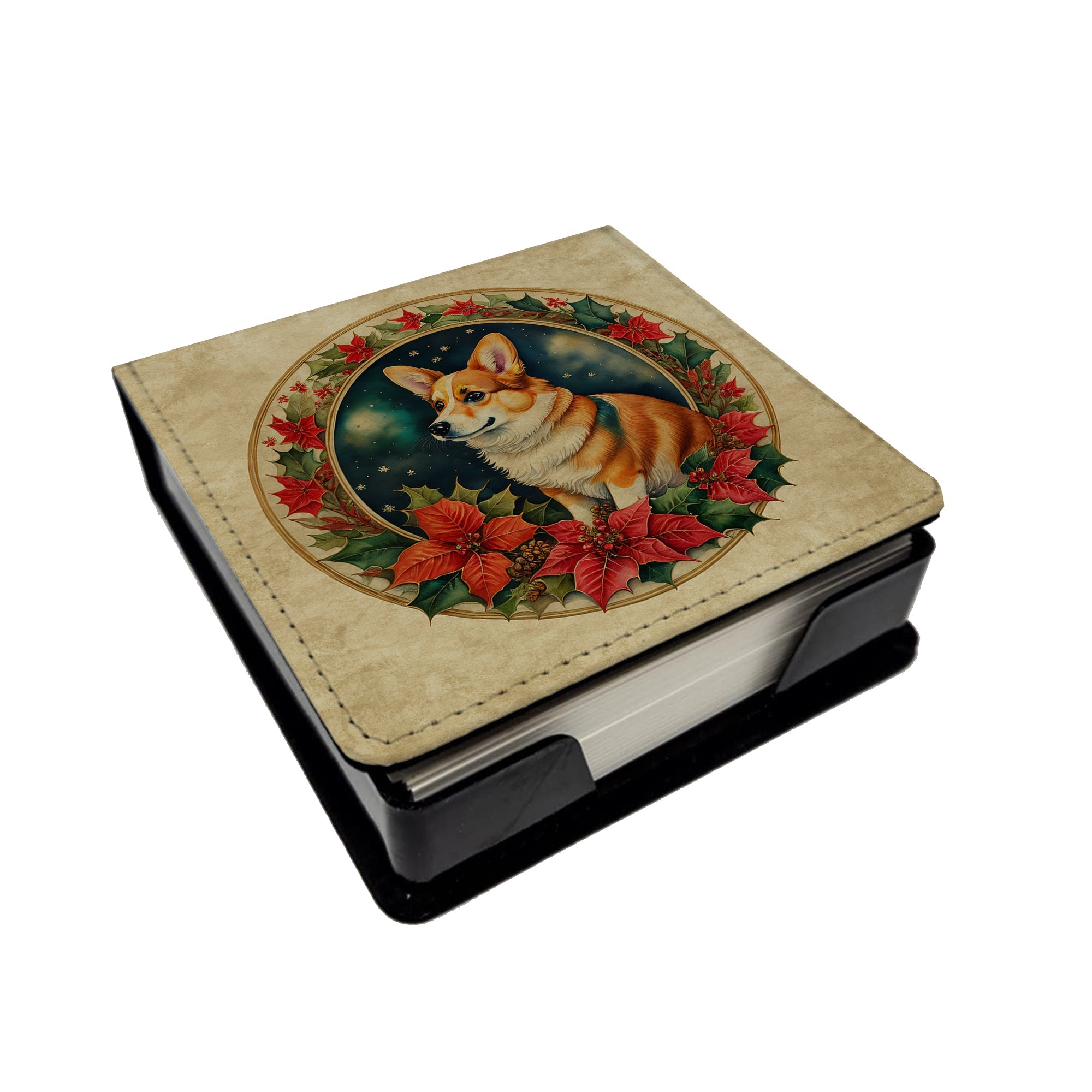 Corgi Christmas Flowers PU Leather Note Paper Holder with Artist-Designed Cover, Desk Accessory, Office Gift