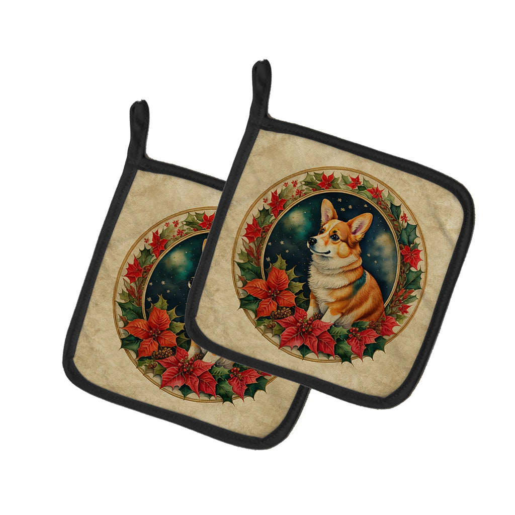Corgi Christmas Flowers Pot Holder Set of 2 Heat Resistant Quilted Hot Pads 7.5 x 7.5 Inch, Insulated Kitchen Trivets for Cooking & Baking
