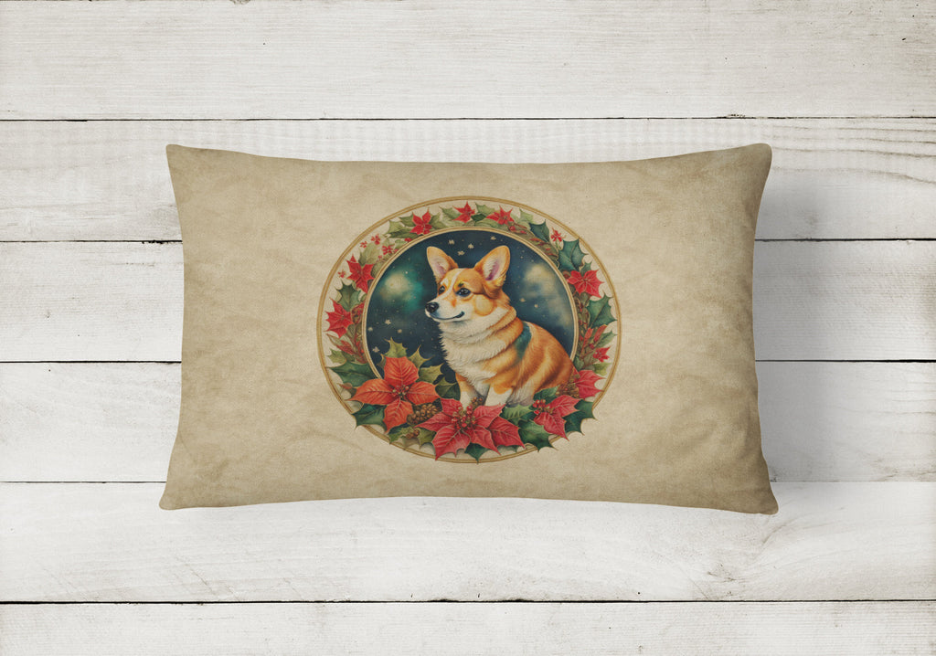 Corgi Christmas Flowers Decorative Throw Pillow 12x16 Indoor Outdoor Accent Cushion, Fabric Cover with Insert for Sofa, Bed, Porch & Living Room