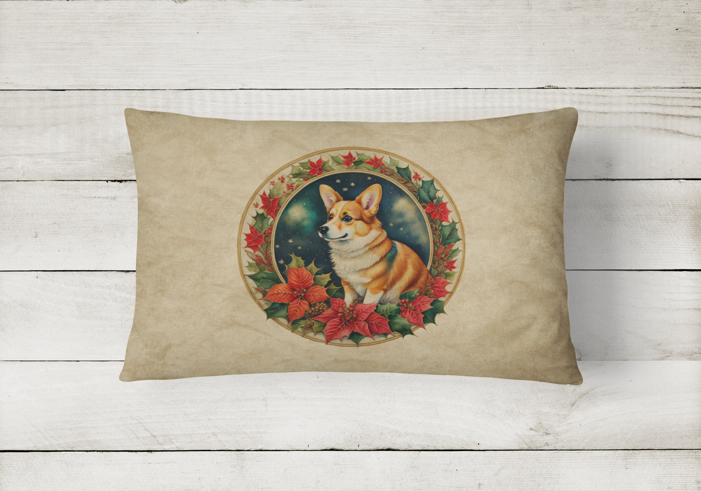 Corgi Christmas Flowers Decorative Throw Pillow 12x16 Indoor Outdoor Accent Cushion, Fabric Cover with Insert for Sofa, Bed, Porch & Living Room