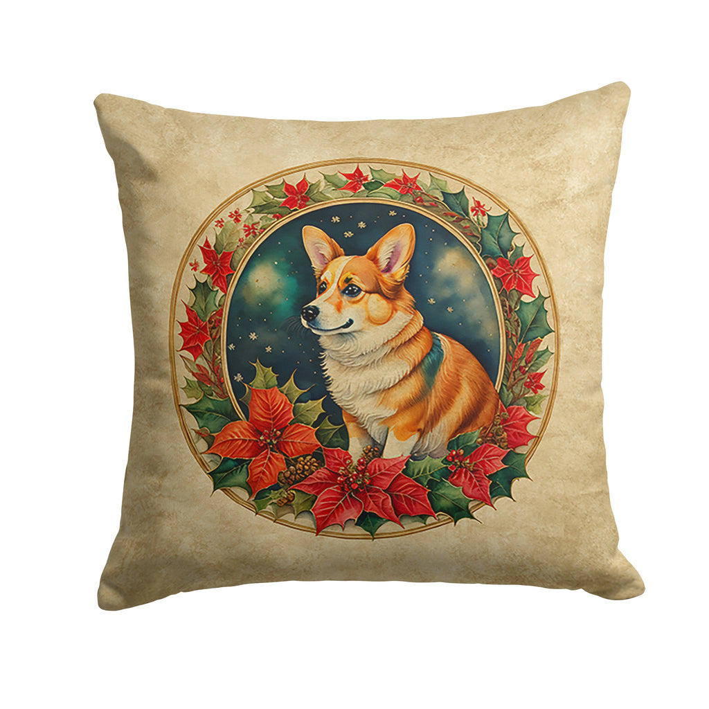 Corgi Christmas Flowers Decorative Throw Pillow 14x14 Indoor Outdoor Accent Cushion, Fabric Cover with Insert for Sofa, Bed, Porch & Living Room