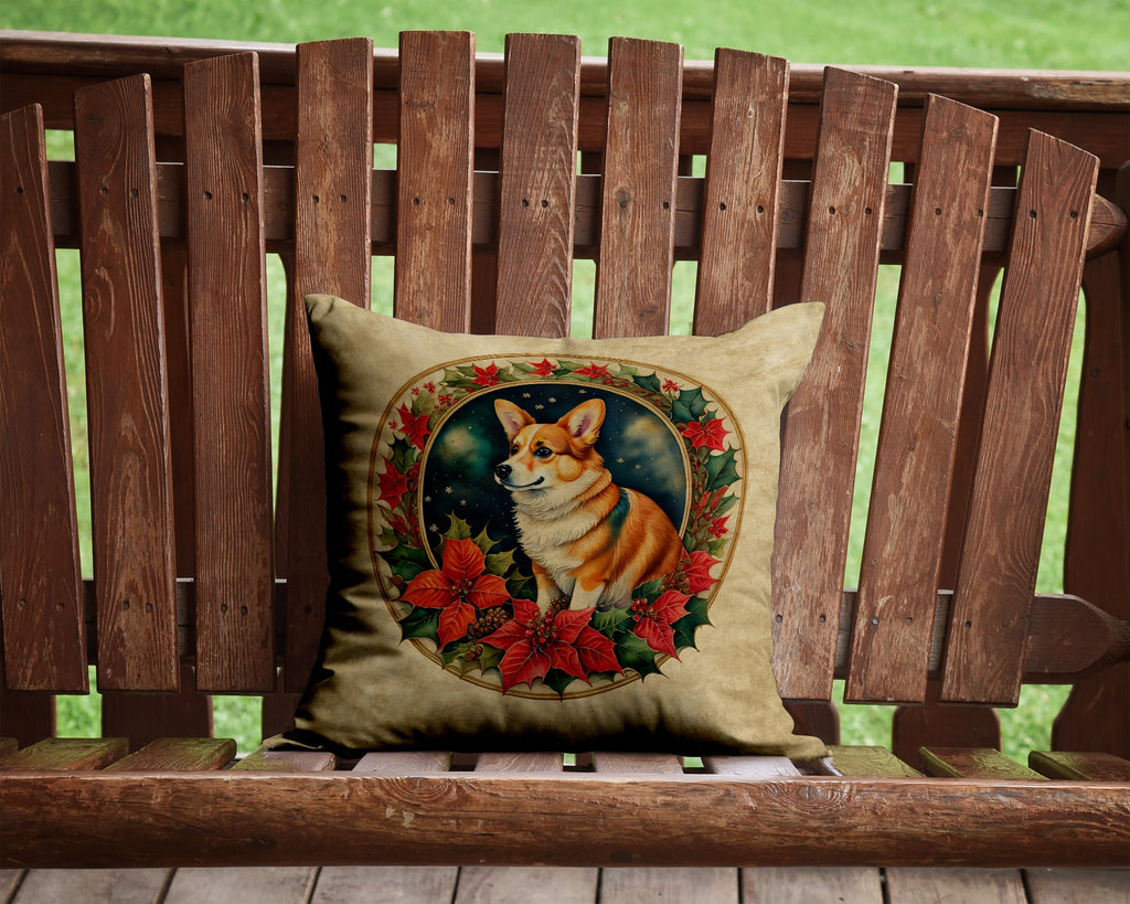 Corgi Christmas Flowers Decorative Throw Pillow 14x14 Indoor Outdoor Accent Cushion, Fabric Cover with Insert for Sofa, Bed, Porch & Living Room