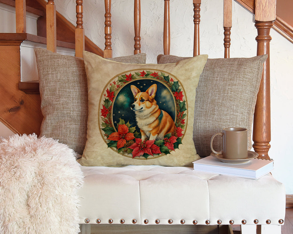 Corgi Christmas Flowers Decorative Throw Pillow 14x14 Indoor Outdoor Accent Cushion, Fabric Cover with Insert for Sofa, Bed, Porch & Living Room