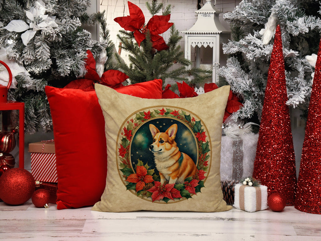 Corgi Christmas Flowers Decorative Throw Pillow 18x18 Indoor Outdoor Accent Cushion, Fabric Cover with Insert for Sofa, Bed, Porch & Living Room
