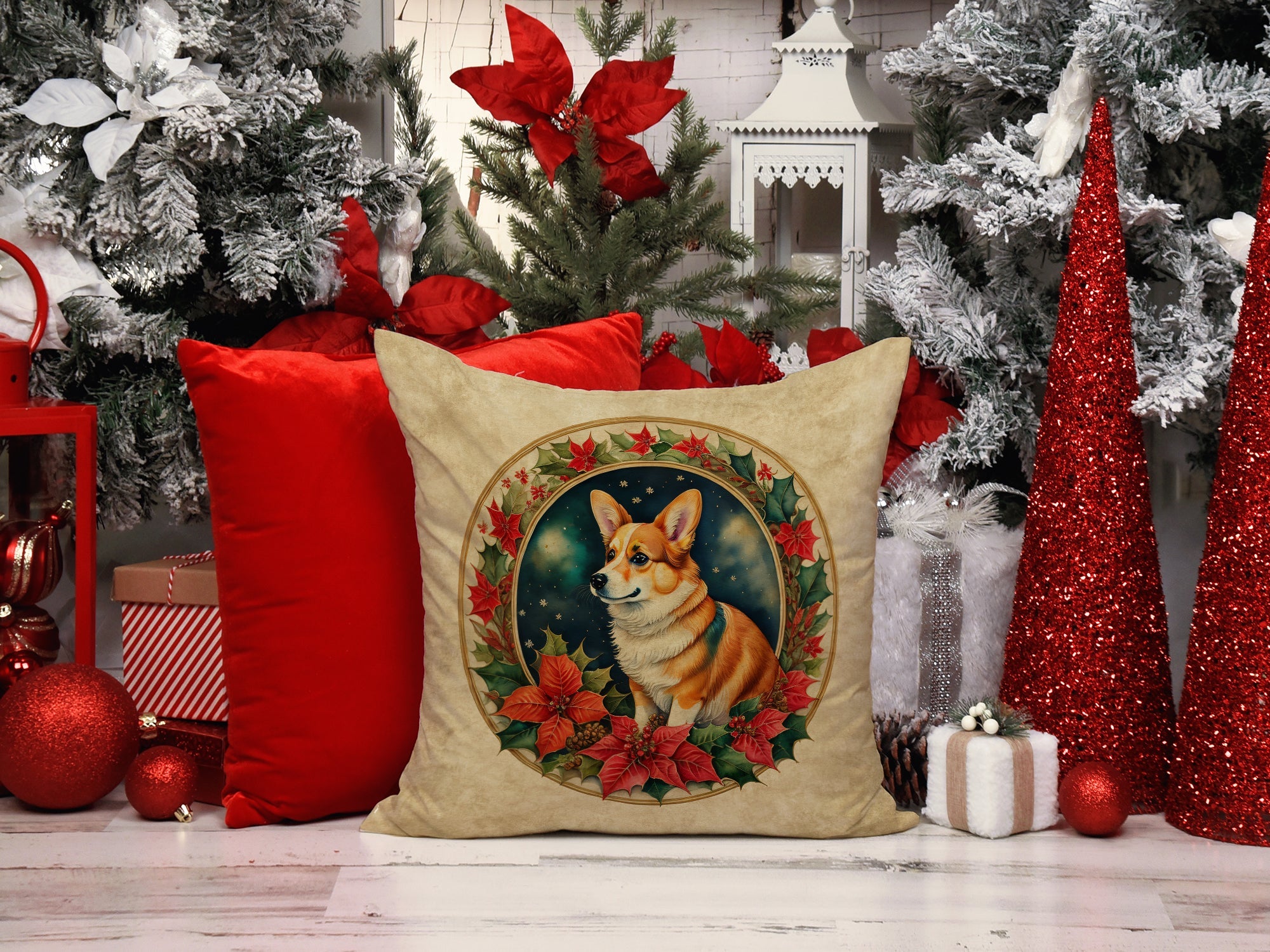 Corgi Christmas Flowers Decorative Throw Pillow 18x18 Indoor Outdoor Accent Cushion, Fabric Cover with Insert for Sofa, Bed, Porch & Living Room