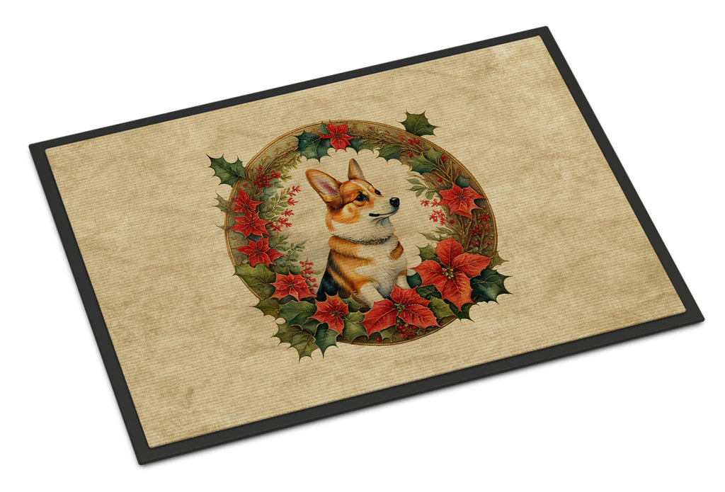 Corgi Christmas Flowers Doormat Indoor Outdoor 24H X 36W Front Door Mat Rugs for Entryway, Non Slip Washable Low Pile,
