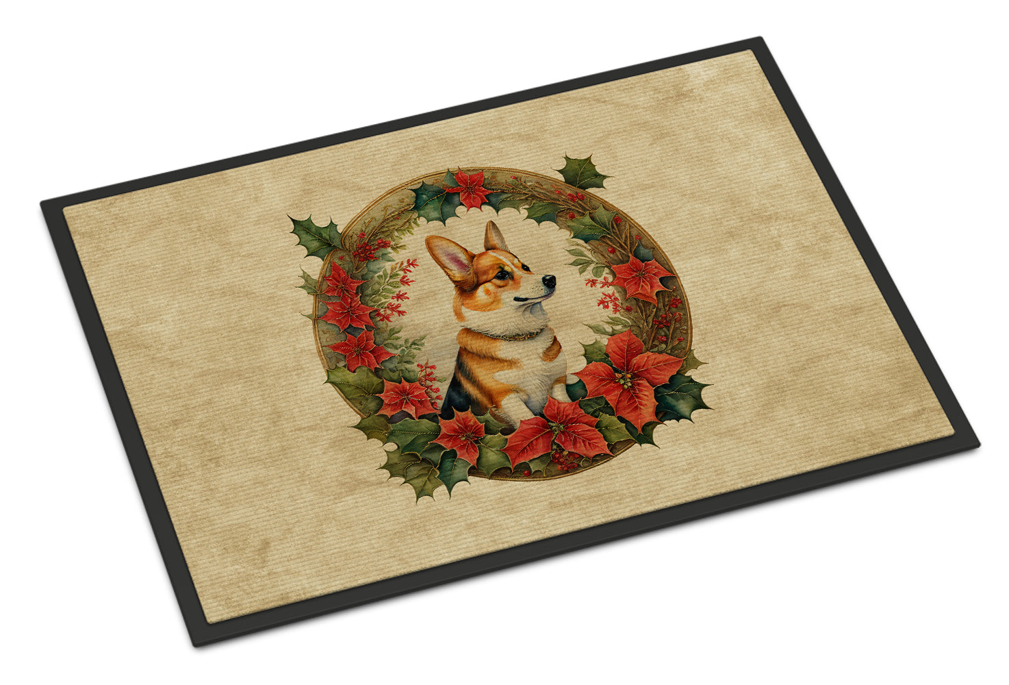 Corgi Christmas Flowers Doormat Indoor Outdoor 24H X 36W Front Door Mat Rugs for Entryway, Non Slip Washable Low Pile,