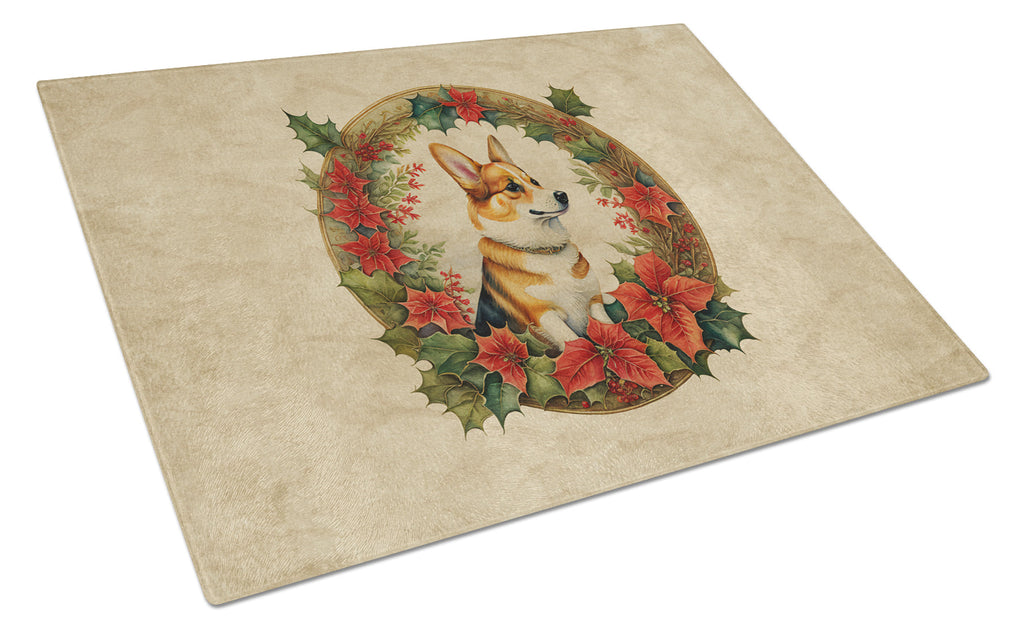 Corgi Christmas Flowers Cutting Board Tempered Glass Kitchen Cutting Surface, Heat Resistant Chopping, Non-Slip Feet, Food Prep & Serving