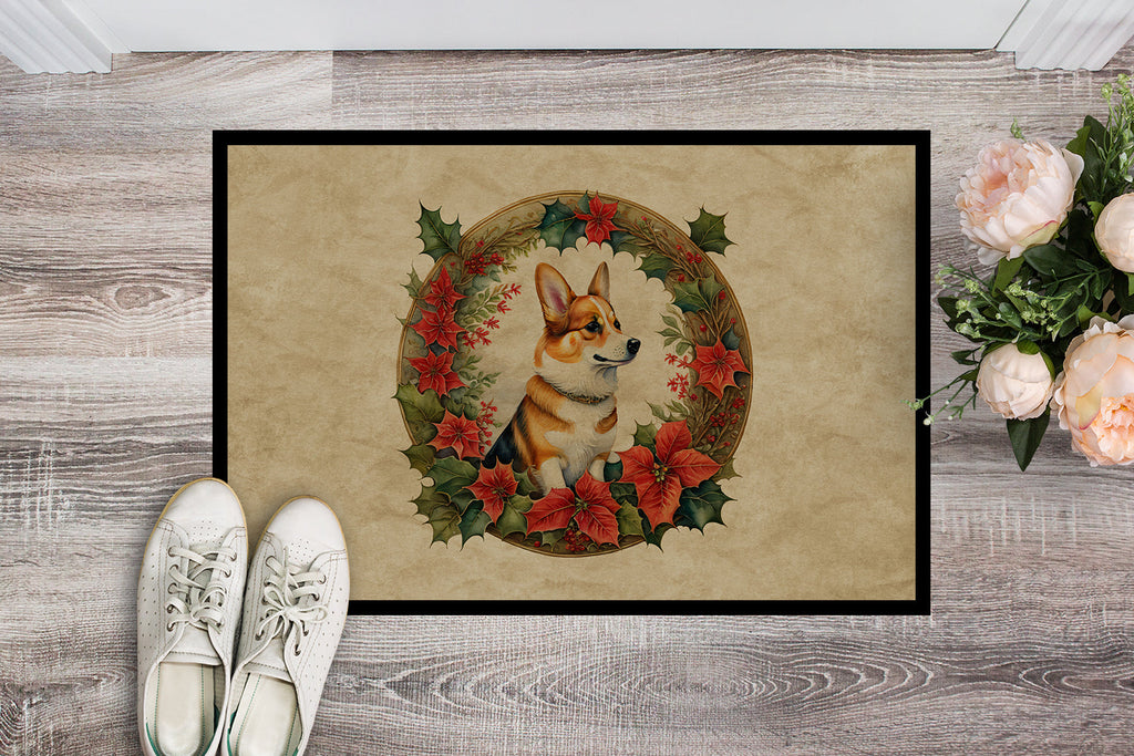 Corgi Christmas Flowers Doormat Indoor Outdoor 18H X 27W Front Door Mat Rugs for Entryway, Non Slip Washable