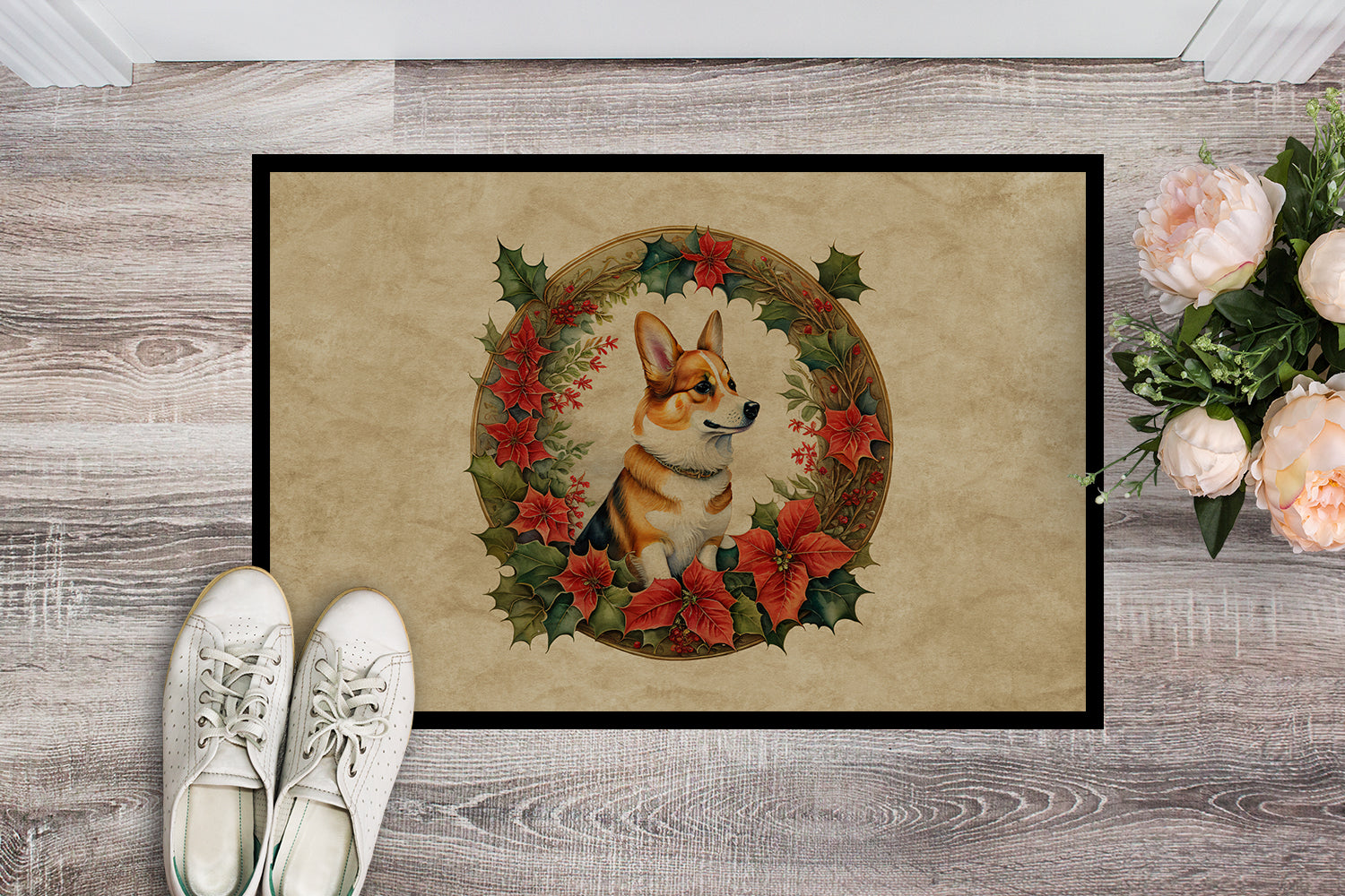 Corgi Christmas Flowers Doormat Indoor Outdoor 18H X 27W Front Door Mat Rugs for Entryway, Non Slip Washable
