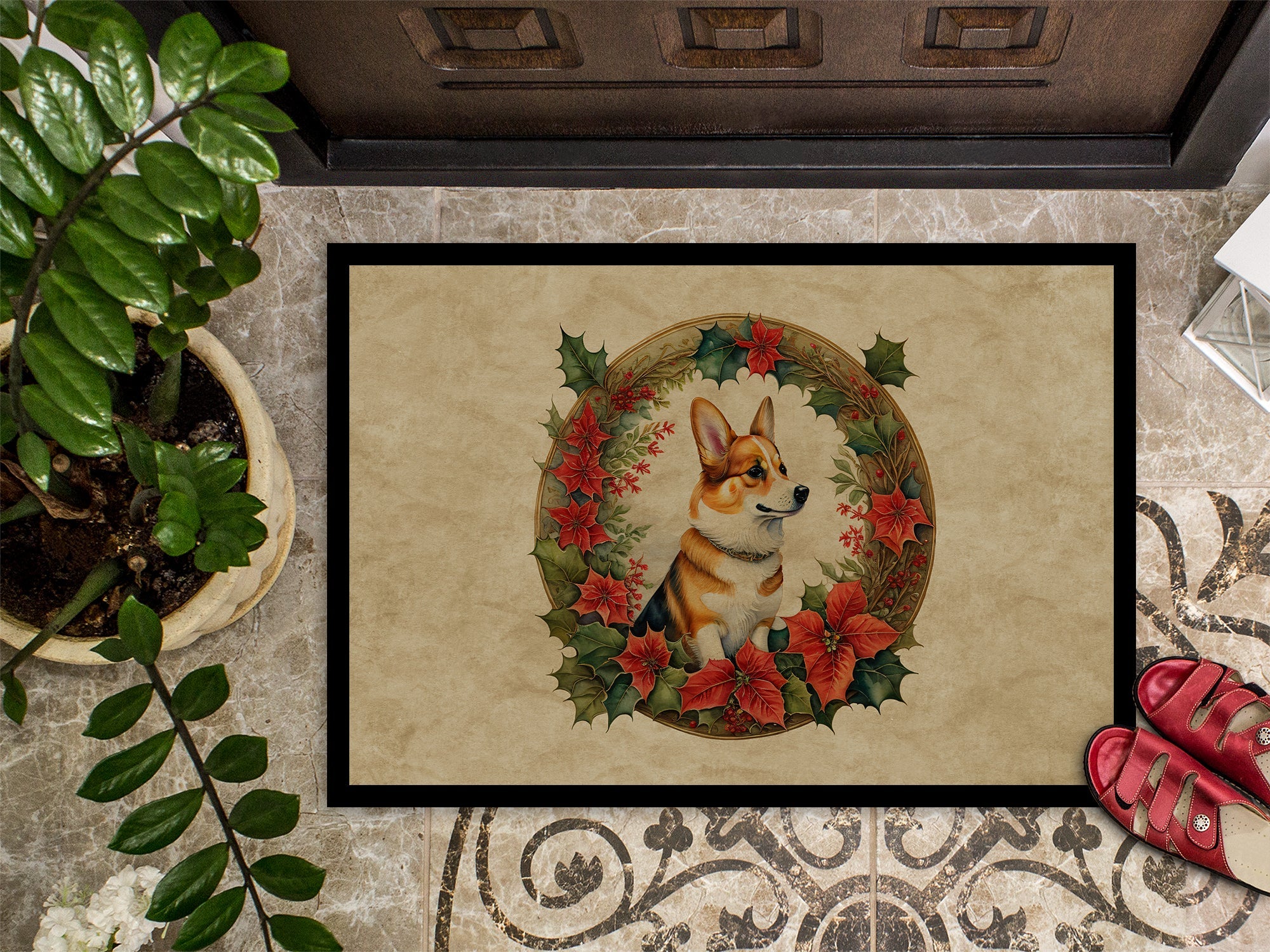 Corgi Christmas Flowers Doormat Indoor Outdoor 18H X 27W Front Door Mat Rugs for Entryway, Non Slip Washable