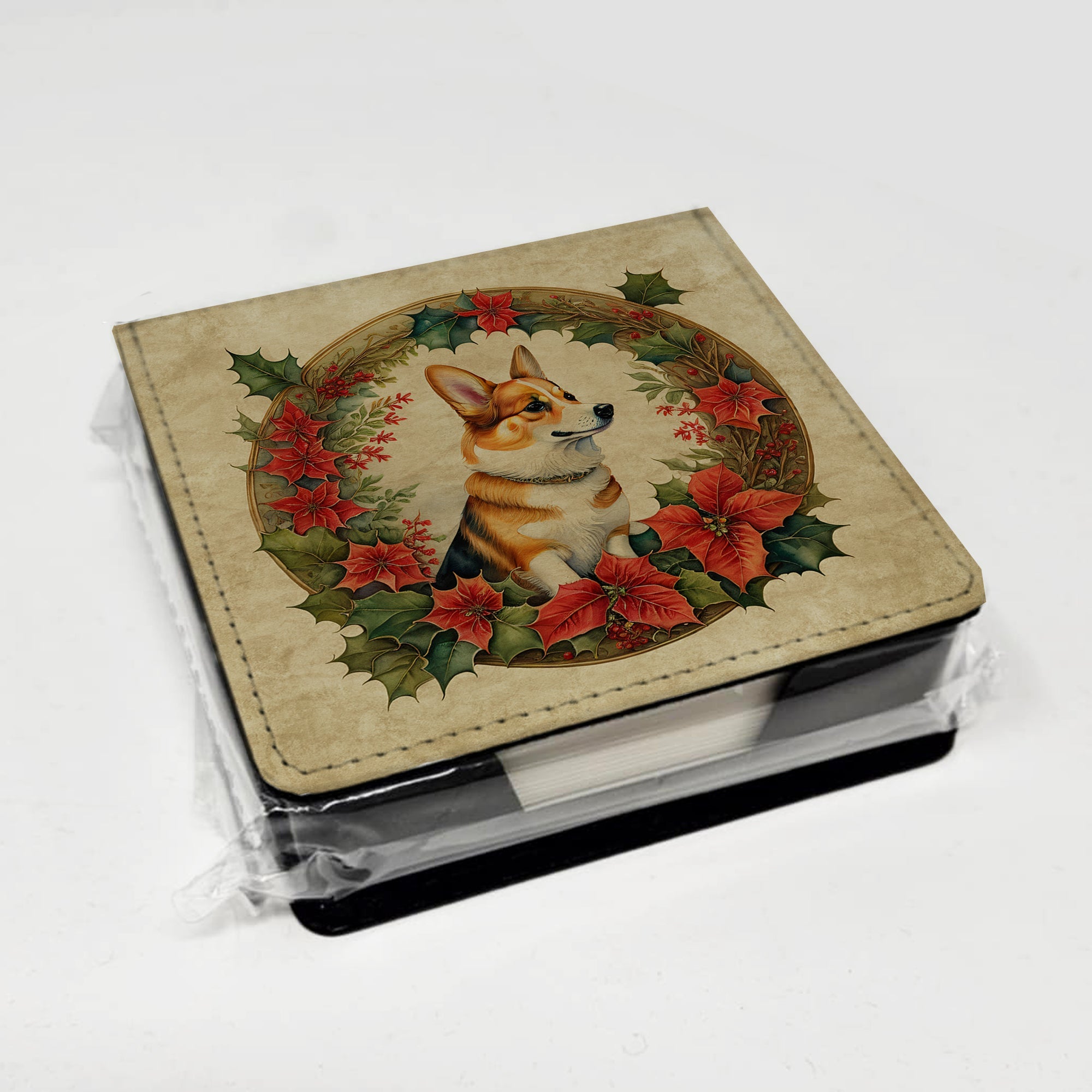 Corgi Christmas Flowers PU Leather Note Paper Holder with Artist-Designed Cover, Desk Accessory, Office Gift