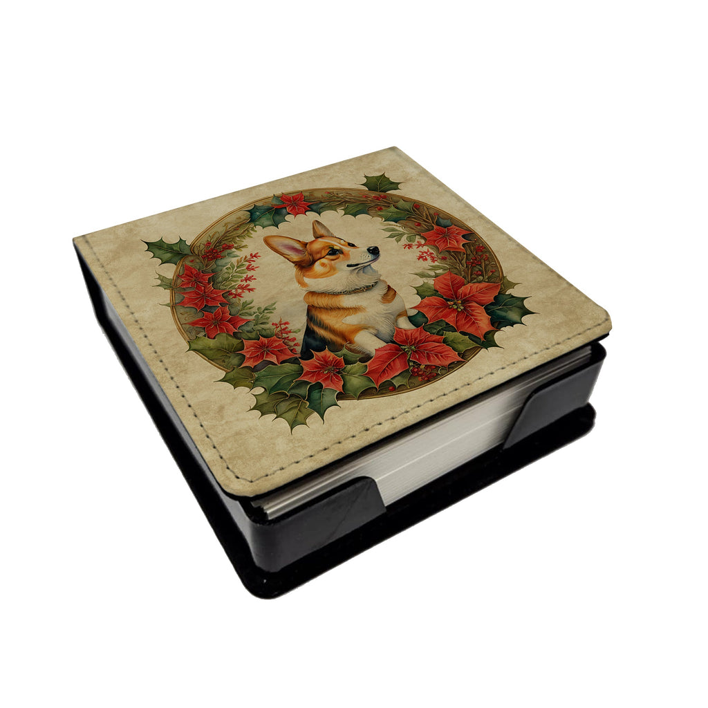 Corgi Christmas Flowers PU Leather Note Paper Holder with Artist-Designed Cover, Desk Accessory, Office Gift