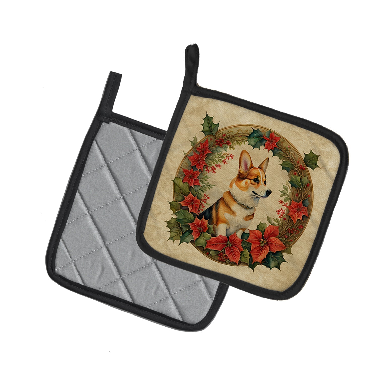 Corgi Christmas Flowers Pot Holder Set of 2 Heat Resistant Quilted Hot Pads 7.5 x 7.5 Inch, Insulated Kitchen Trivets for Cooking & Baking