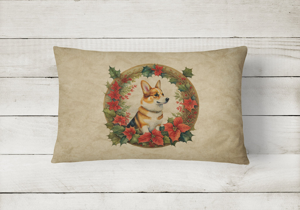 Corgi Christmas Flowers Decorative Throw Pillow 12x16 Indoor Outdoor Accent Cushion, Fabric Cover with Insert for Sofa, Bed, Porch & Living Room
