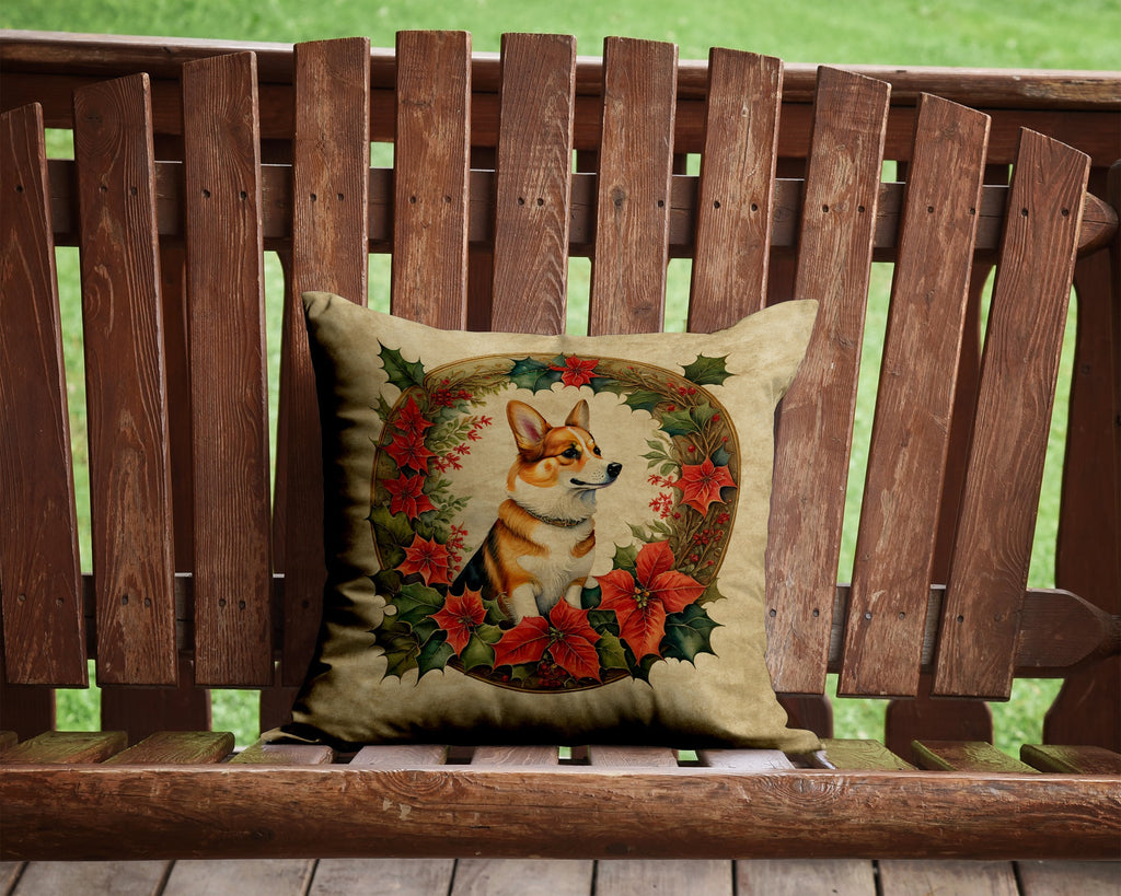 Corgi Christmas Flowers Decorative Throw Pillow 14x14 Indoor Outdoor Accent Cushion, Fabric Cover with Insert for Sofa, Bed, Porch & Living Room