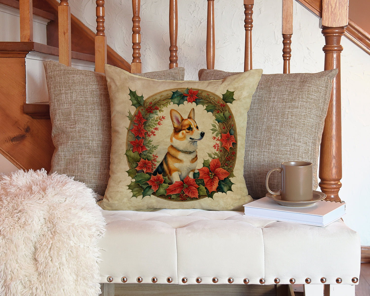 Corgi Christmas Flowers Decorative Throw Pillow 14x14 Indoor Outdoor Accent Cushion, Fabric Cover with Insert for Sofa, Bed, Porch & Living Room